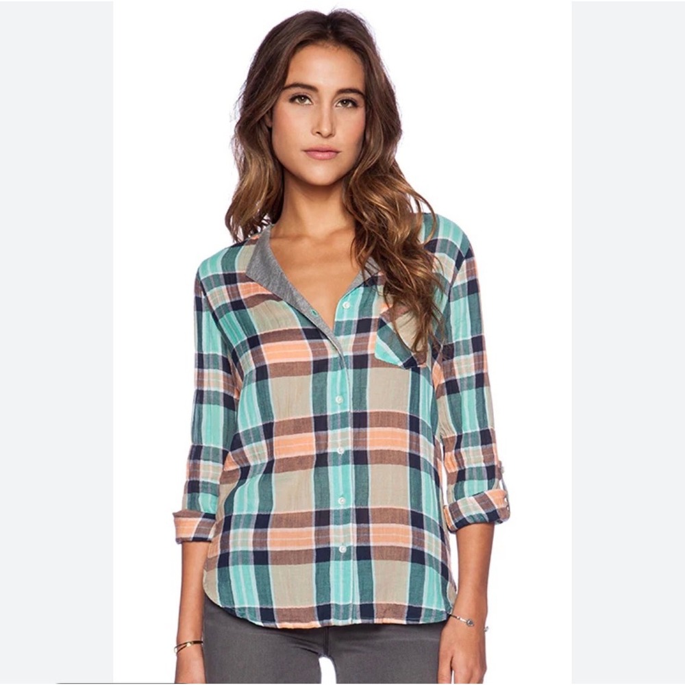 C&C California Plaid Button Down Women XS Green Orange Boho Coastal Long Sleeve